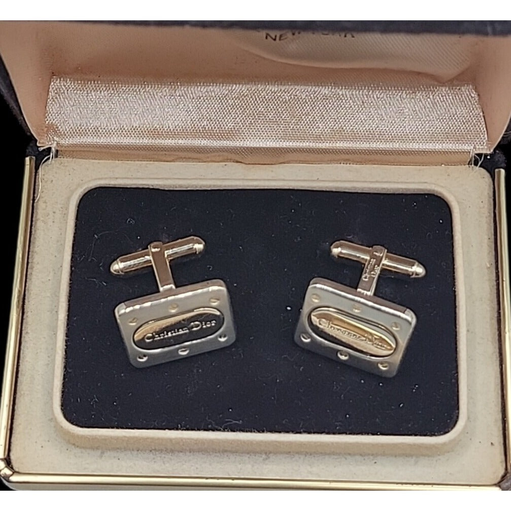 Vintage Christian Dior Cufflinks Two-Tone Gold Black Lacquer With Original Box