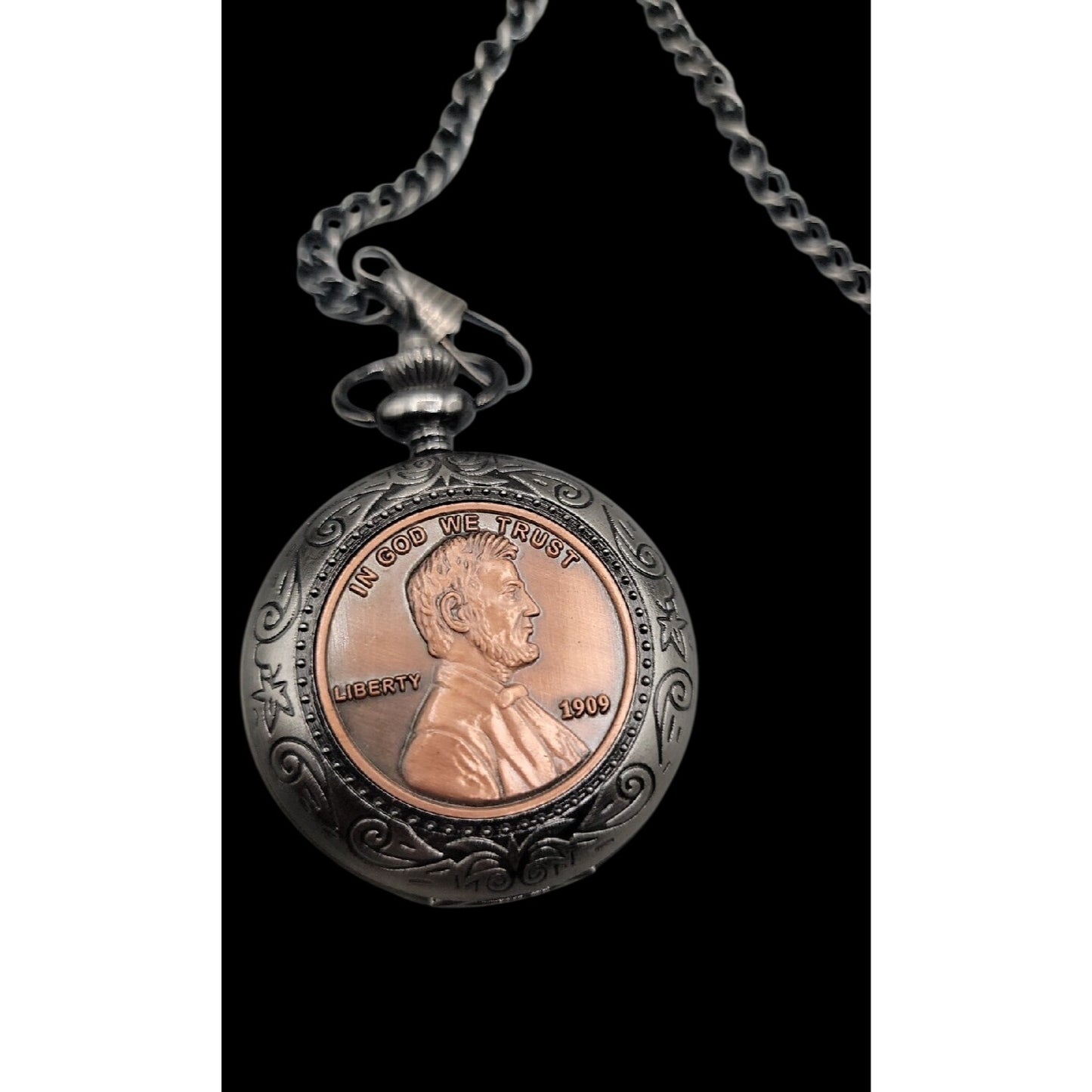 Vintage Abraham Lincoln American Pocket Watch 13" Fob Silver Tone Penny Design