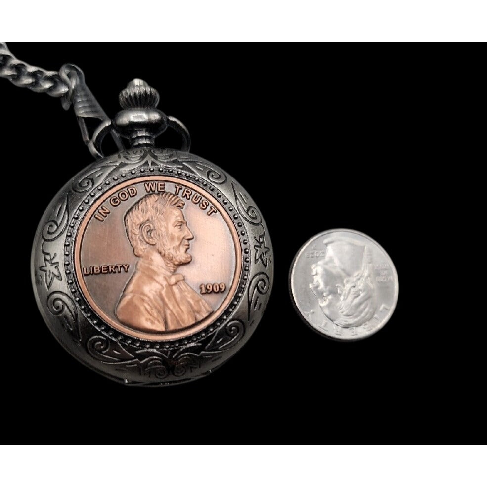 Vintage Abraham Lincoln American Pocket Watch 13" Fob Silver Tone Penny Design