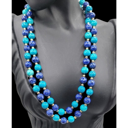 Lapis Lazuli Turquoise Bead Necklace 32" Multi-Blue Hue Smooth Round Gemstones