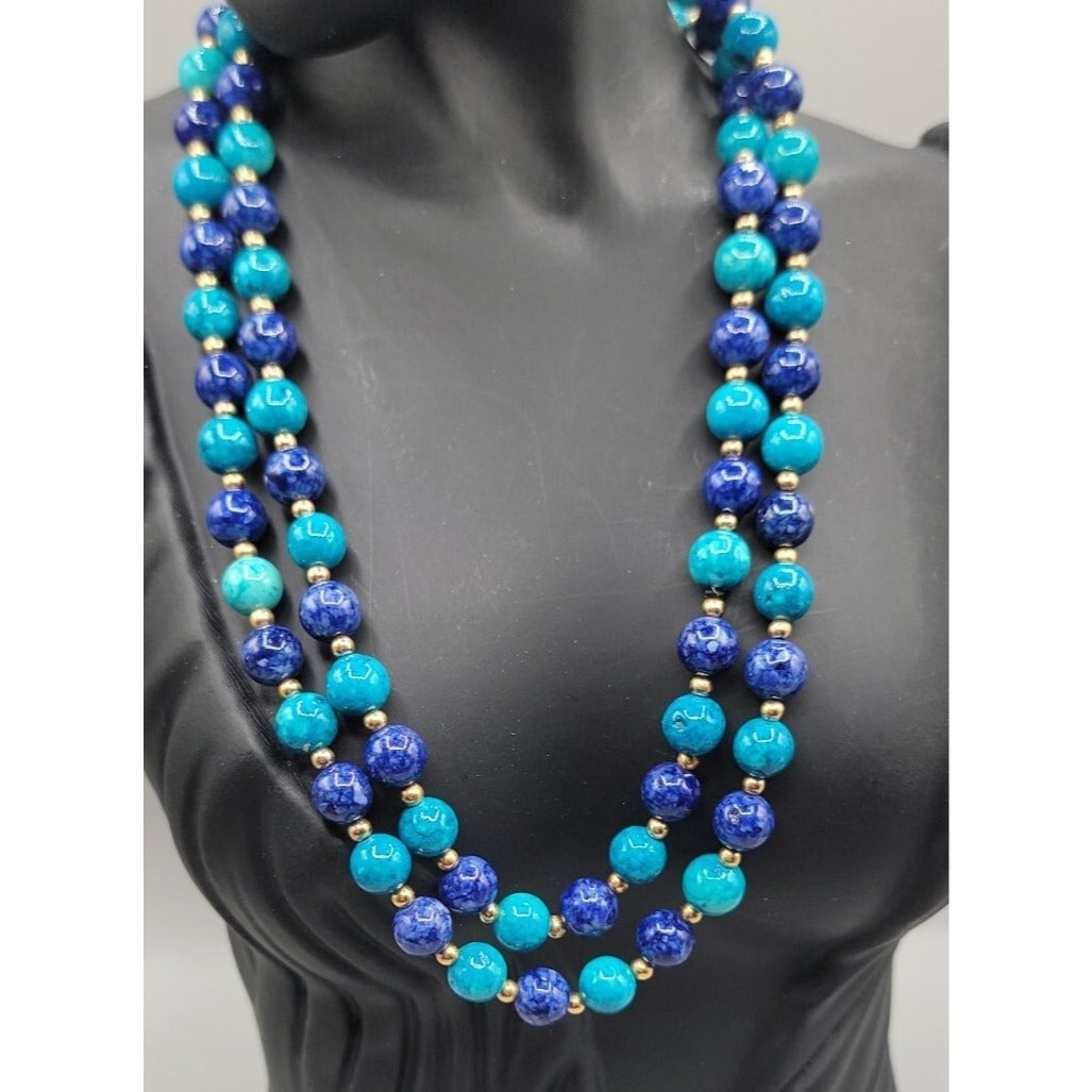 Lapis Lazuli Turquoise Bead Necklace 32" Multi-Blue Hue Smooth Round Gemstones