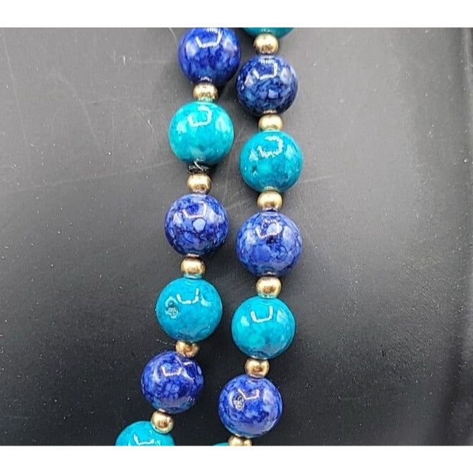 Lapis Lazuli Turquoise Bead Necklace 32" Multi-Blue Hue Smooth Round Gemstones