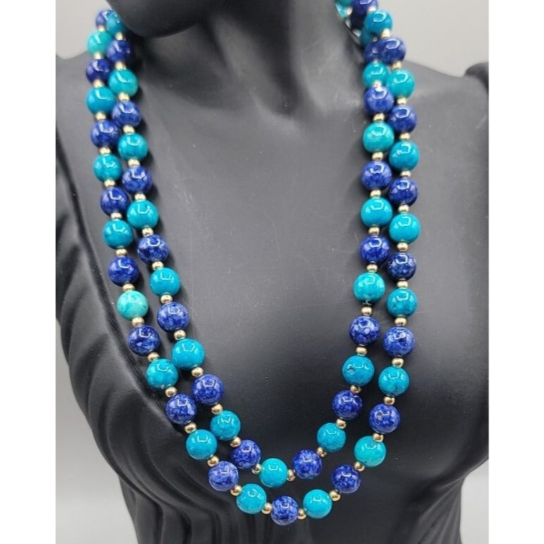Lapis Lazuli Turquoise Bead Necklace 32" Multi-Blue Hue Smooth Round Gemstones