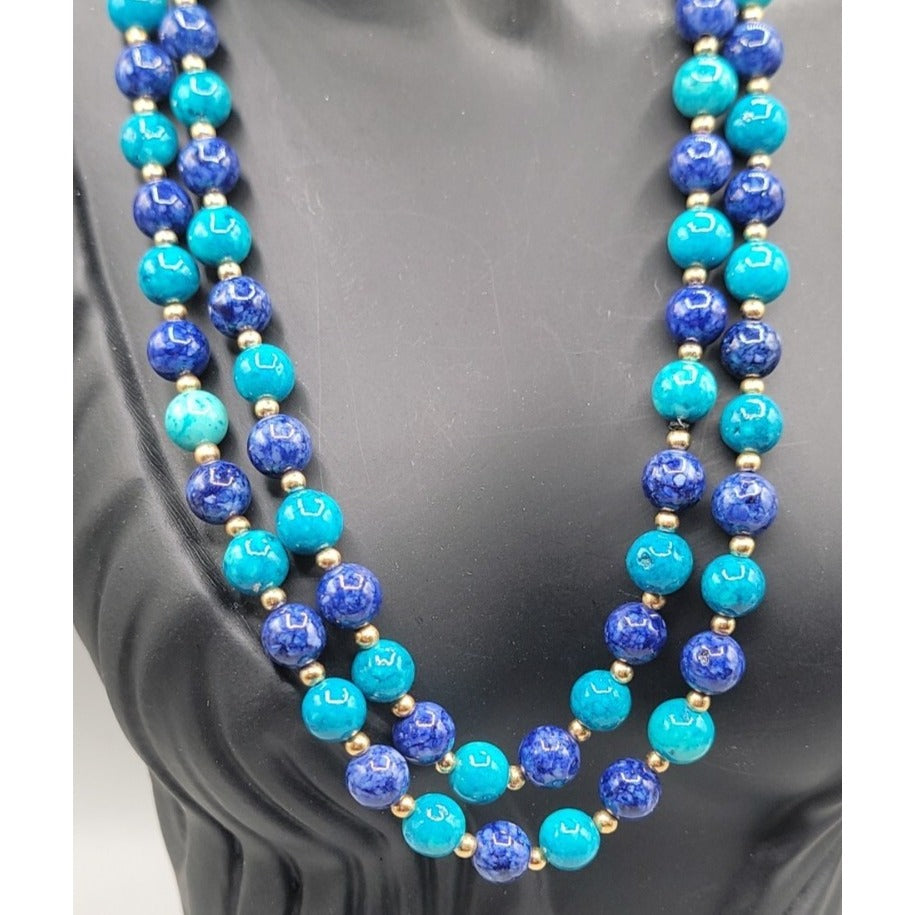 Lapis Lazuli Turquoise Bead Necklace 32" Multi-Blue Hue Smooth Round Gemstones