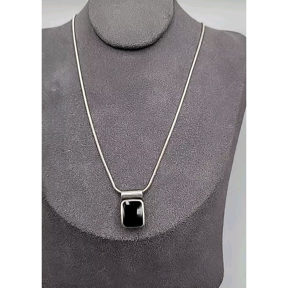 Sterling Silver Inlaid Onyx Box Pendant Necklace 925 Italy 18" Chain Vintage