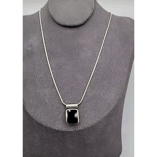 Sterling Silver Inlaid Onyx Box Pendant Necklace 925 Italy 18" Chain Vintage