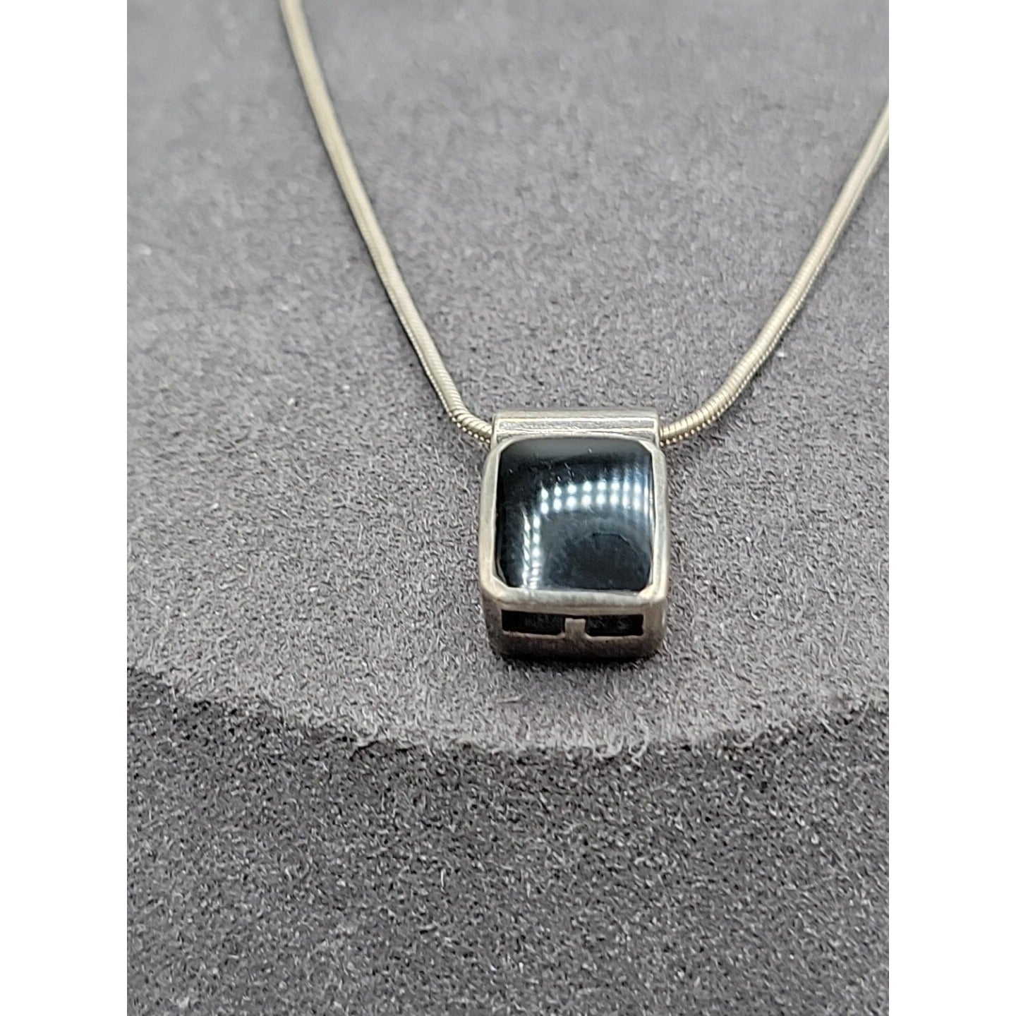 Sterling Silver Inlaid Onyx Box Pendant Necklace 925 Italy 18" Chain Vintage