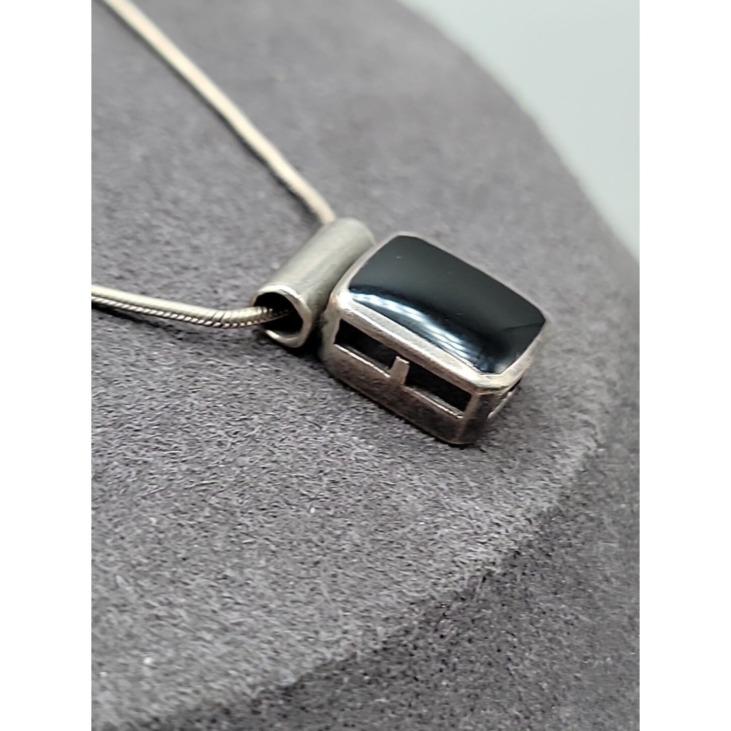 Sterling Silver Inlaid Onyx Box Pendant Necklace 925 Italy 18" Chain Vintage