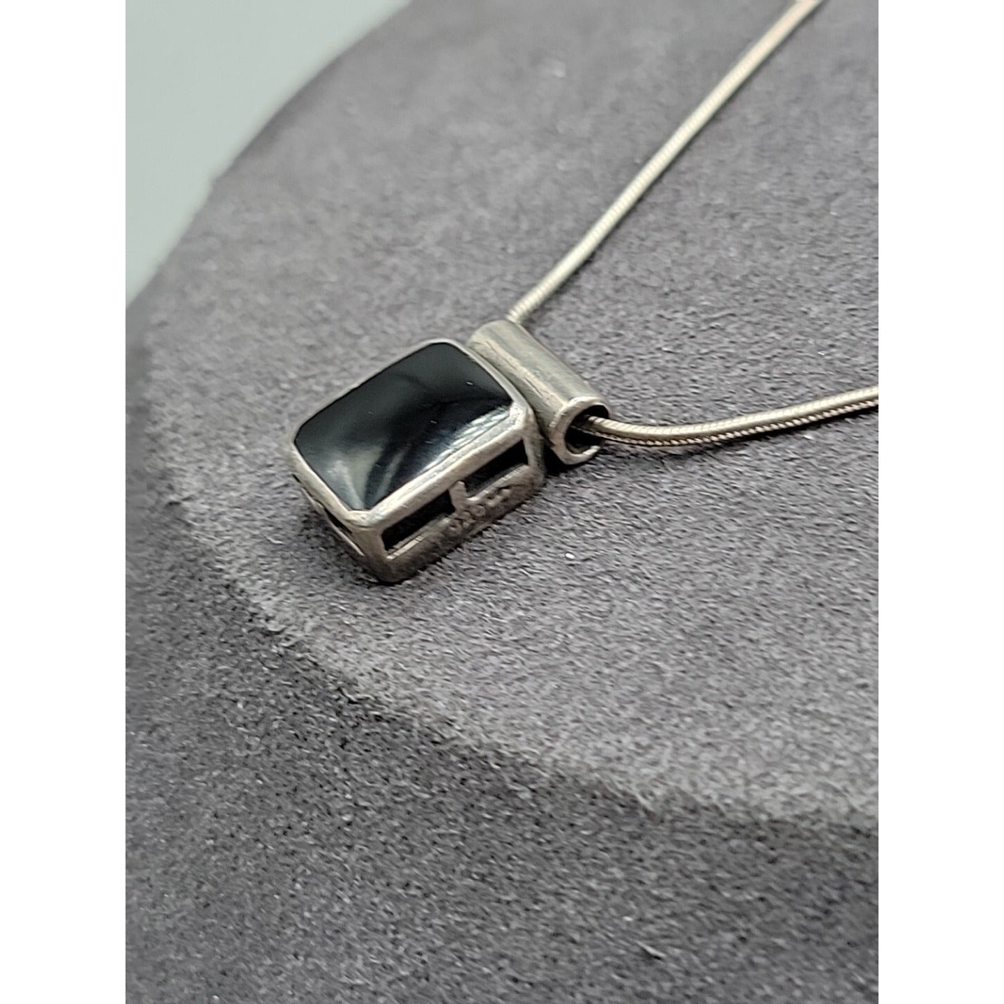 Sterling Silver Inlaid Onyx Box Pendant Necklace 925 Italy 18" Chain Vintage