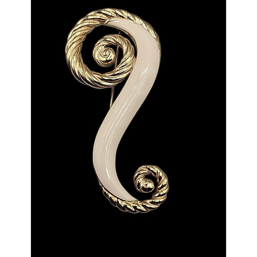 Trifari Large Brooch Twisted Gold Tone & Creme Enamel Swirl Pin