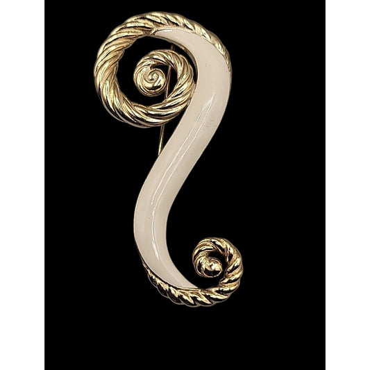 Trifari Large Brooch Twisted Gold Tone & Creme Enamel Swirl Pin