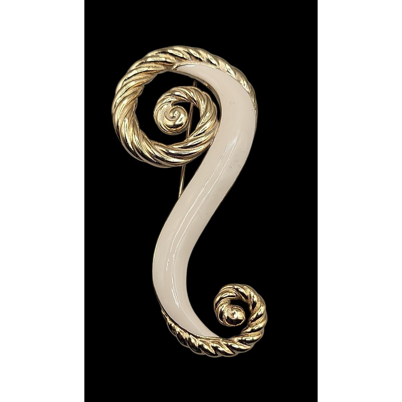Trifari Large Brooch Twisted Gold Tone & Creme Enamel Swirl Pin