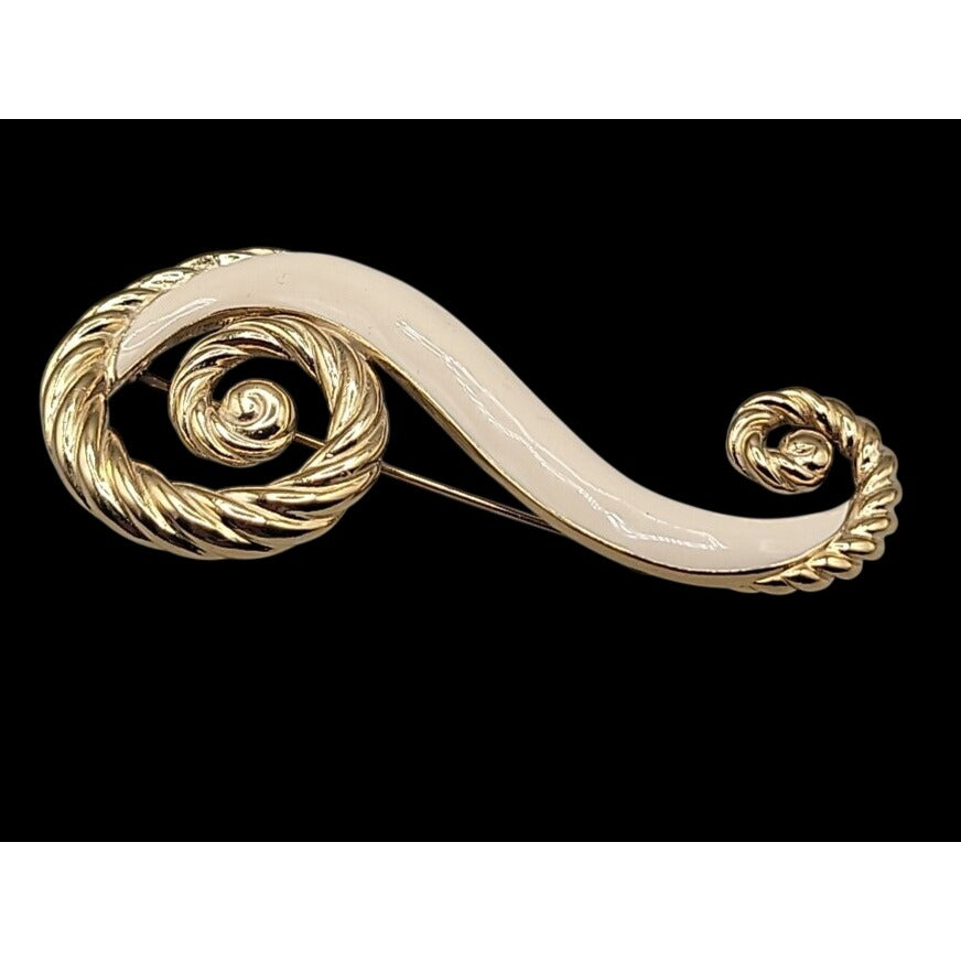 Trifari Large Brooch Twisted Gold Tone & Creme Enamel Swirl Pin