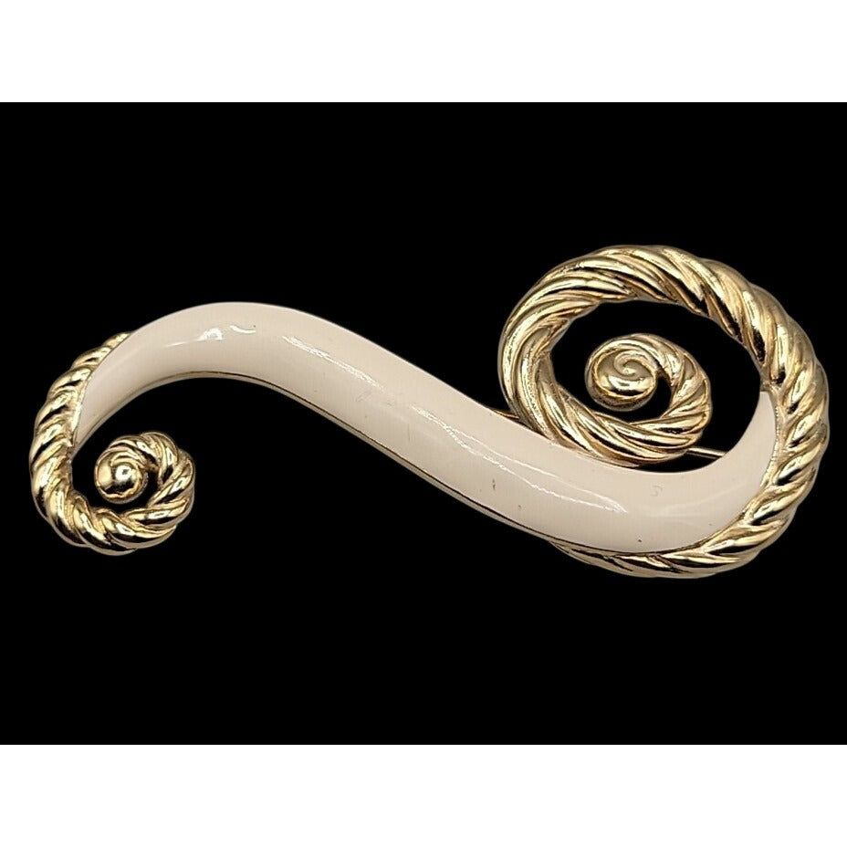 Trifari Large Brooch Twisted Gold Tone & Creme Enamel Swirl Pin