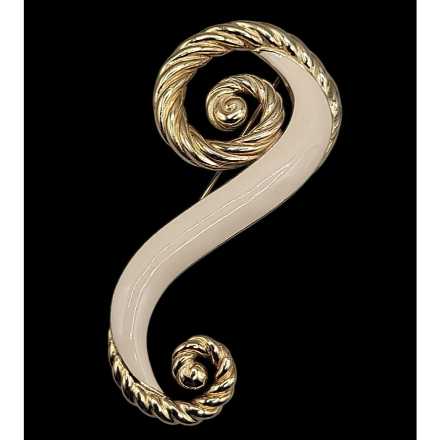 Trifari Large Brooch Twisted Gold Tone & Creme Enamel Swirl Pin