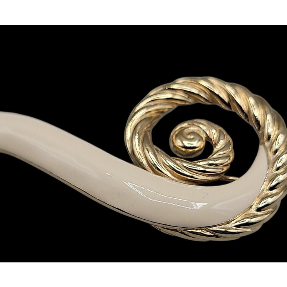 Trifari Large Brooch Twisted Gold Tone & Creme Enamel Swirl Pin