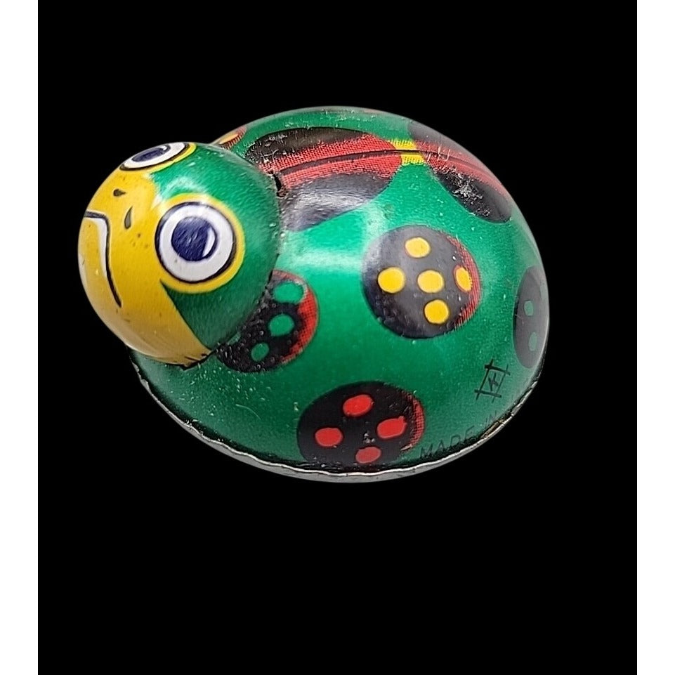 Vintage Lady Bug Friction Toy Tin Metal Litho  K JAPAN Beetle Green Yellow Black