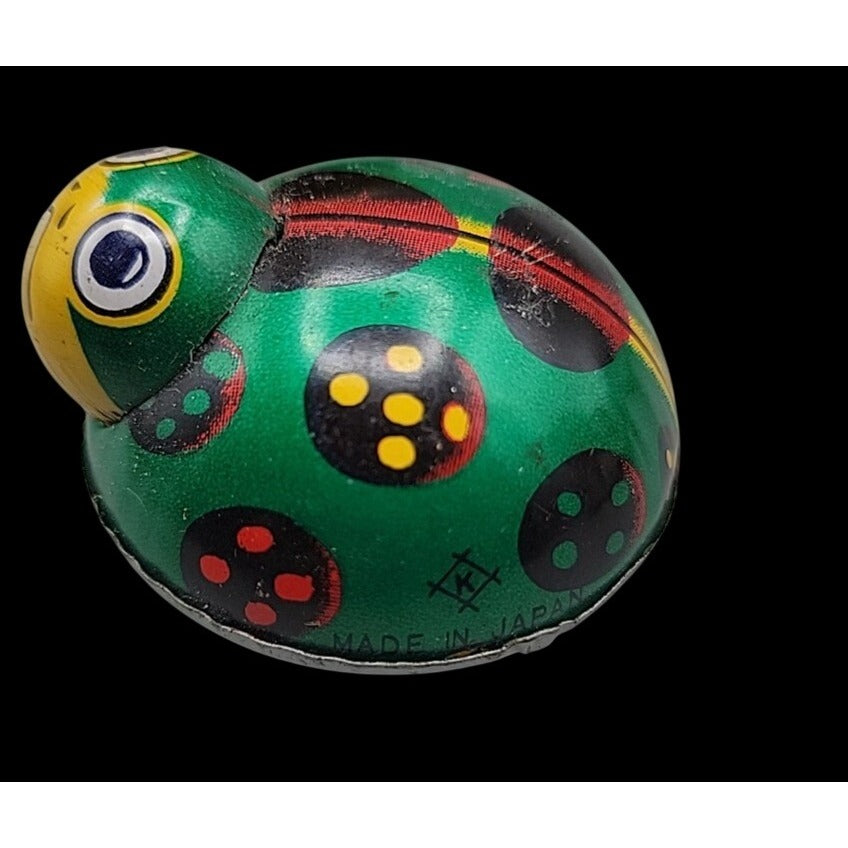 Vintage Lady Bug Friction Toy Tin Metal Litho  K JAPAN Beetle Green Yellow Black