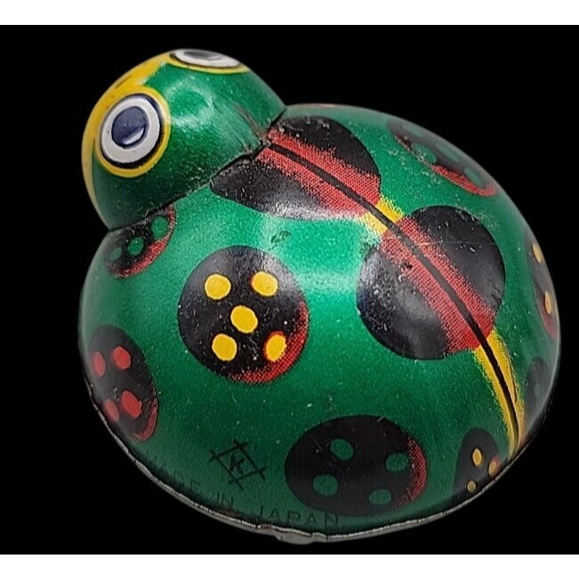 Vintage Lady Bug Friction Toy Tin Metal Litho  K JAPAN Beetle Green Yellow Black