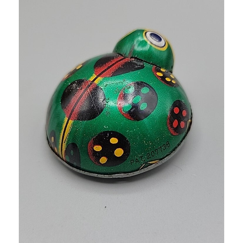 Vintage Lady Bug Friction Toy Tin Metal Litho  K JAPAN Beetle Green Yellow Black