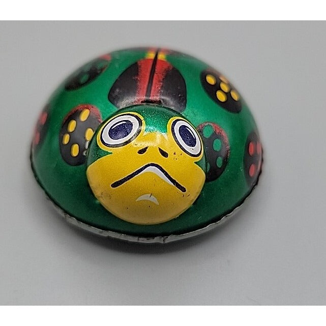 Vintage Lady Bug Friction Toy Tin Metal Litho  K JAPAN Beetle Green Yellow Black