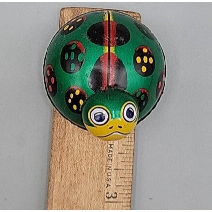 Vintage Lady Bug Friction Toy Tin Metal Litho  K JAPAN Beetle Green Yellow Black