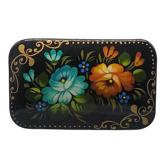 Vintage Russian Lacquer Brooch Hand Painted Colorful Floral Signed Gold Border