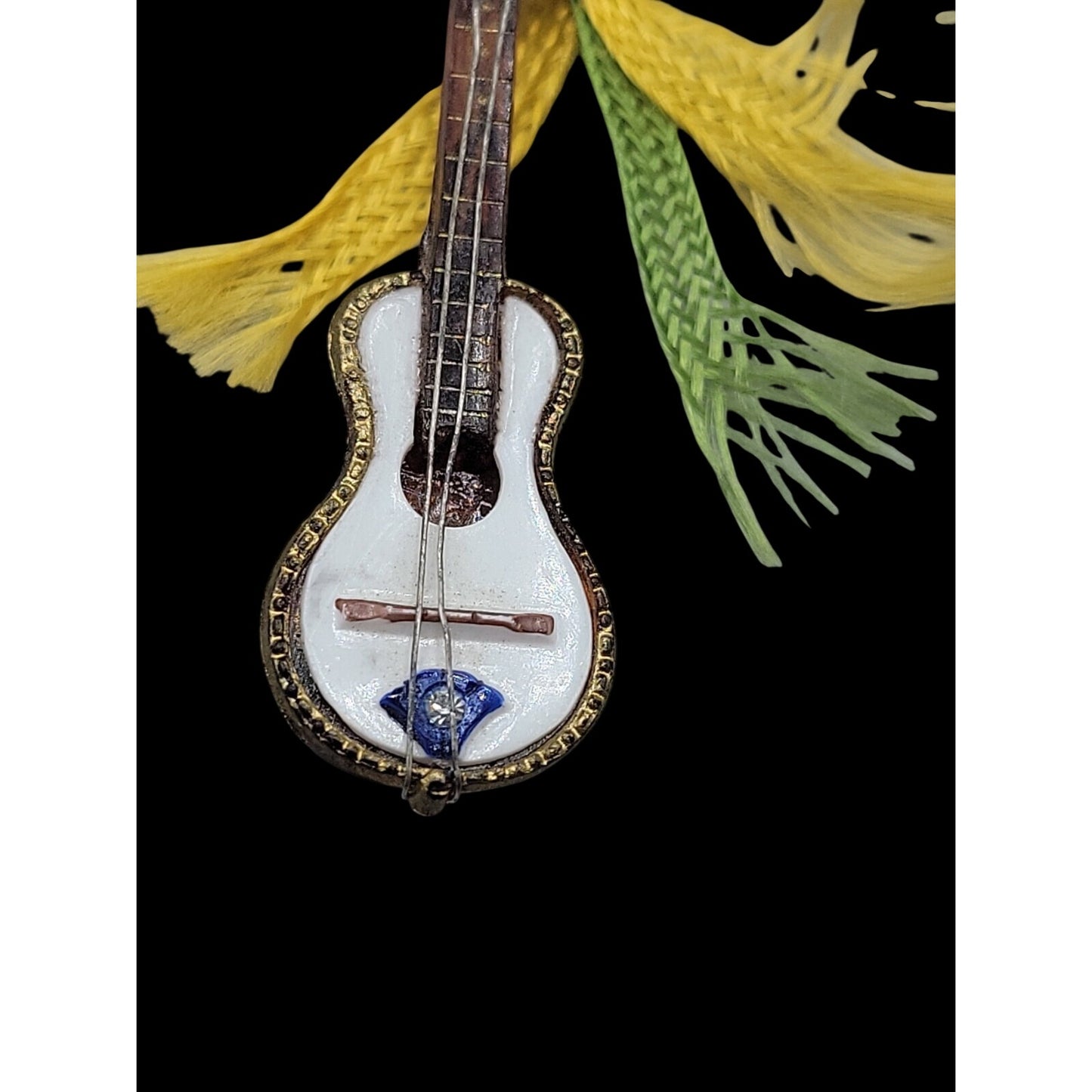 Western Germany Guitar Brooch Vintage Gemstone Accent Celluloid Handmade Pin