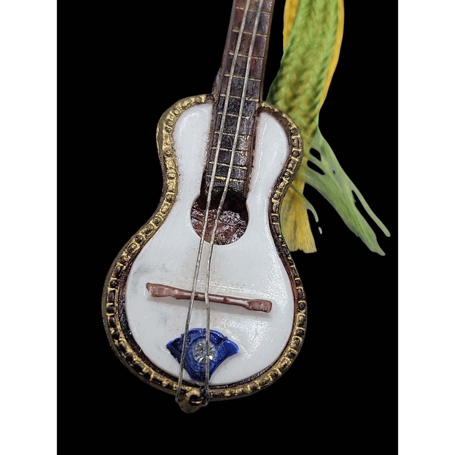 Western Germany Guitar Brooch Vintage Gemstone Accent Celluloid Handmade Pin