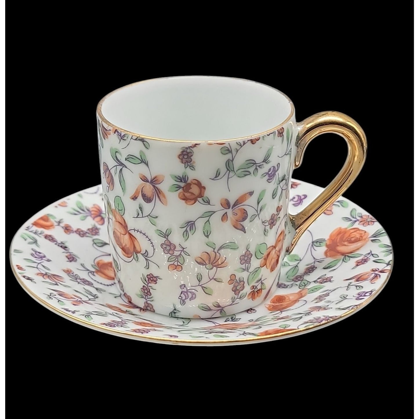 Norcrest Japan Orange Rose Chintz Demitasse Cup & Saucer Gold Gild Handle CF-351