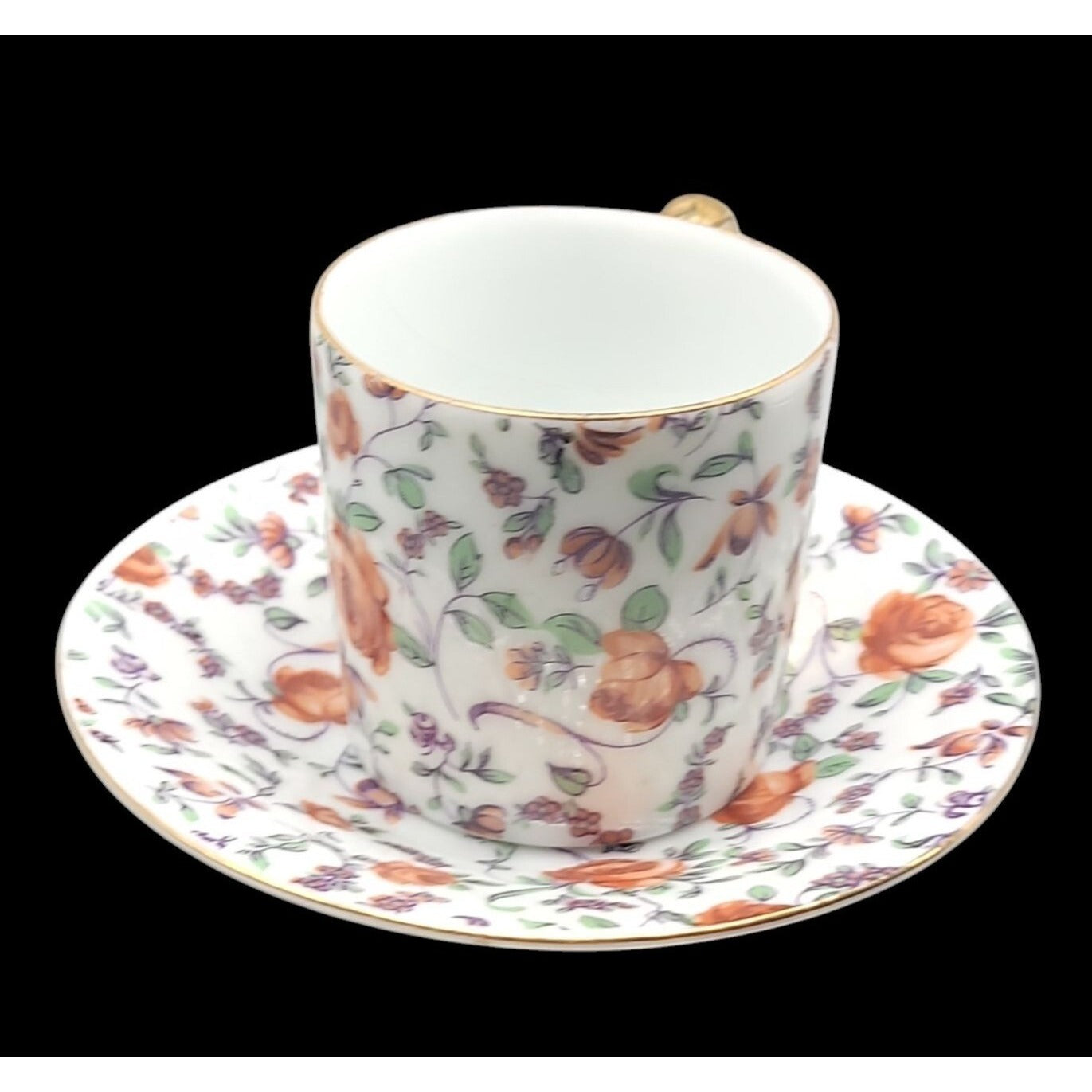 Norcrest Japan Orange Rose Chintz Demitasse Cup & Saucer Gold Gild Handle CF-351