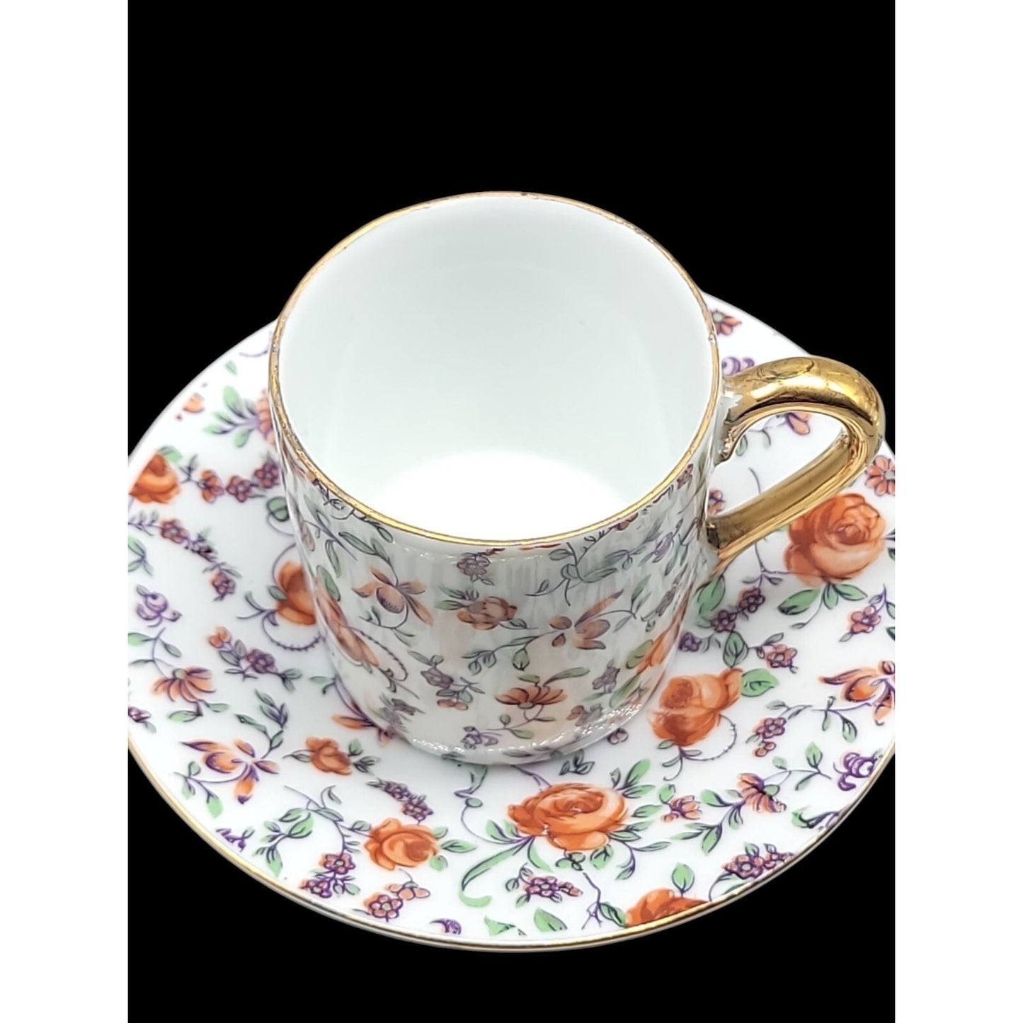 Norcrest Japan Orange Rose Chintz Demitasse Cup & Saucer Gold Gild Handle CF-351