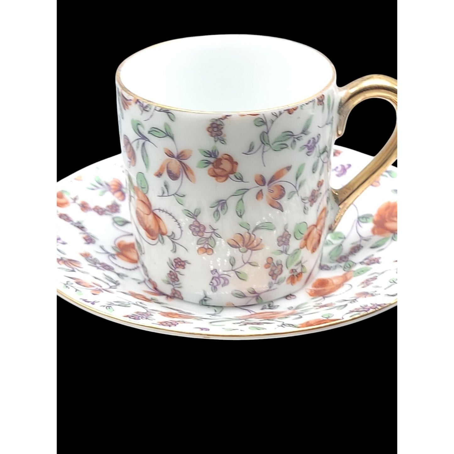 Norcrest Japan Orange Rose Chintz Demitasse Cup & Saucer Gold Gild Handle CF-351