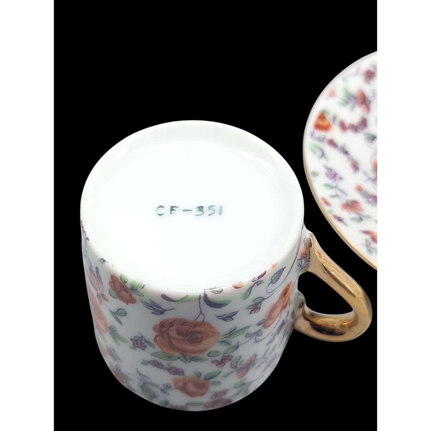 Norcrest Japan Orange Rose Chintz Demitasse Cup & Saucer Gold Gild Handle CF-351