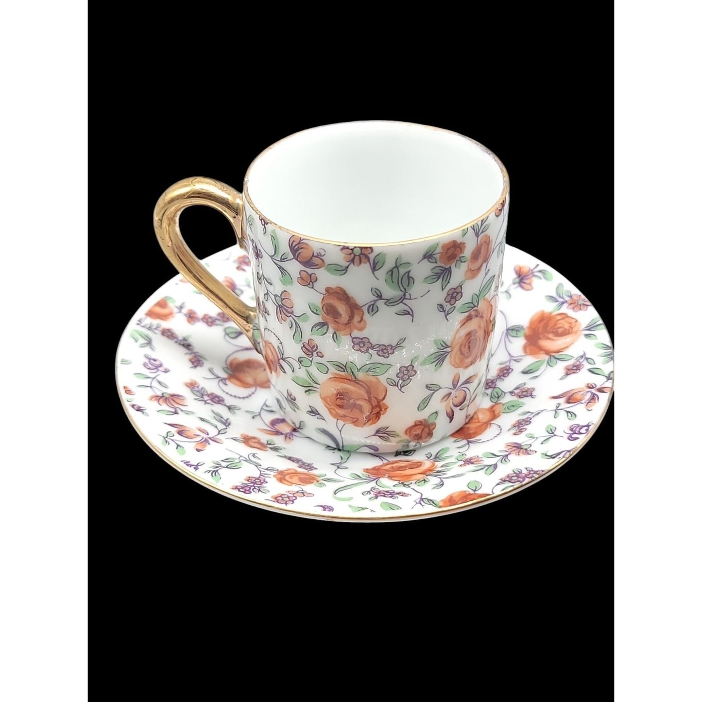 Norcrest Japan Orange Rose Chintz Demitasse Cup & Saucer Gold Gild Handle CF-351