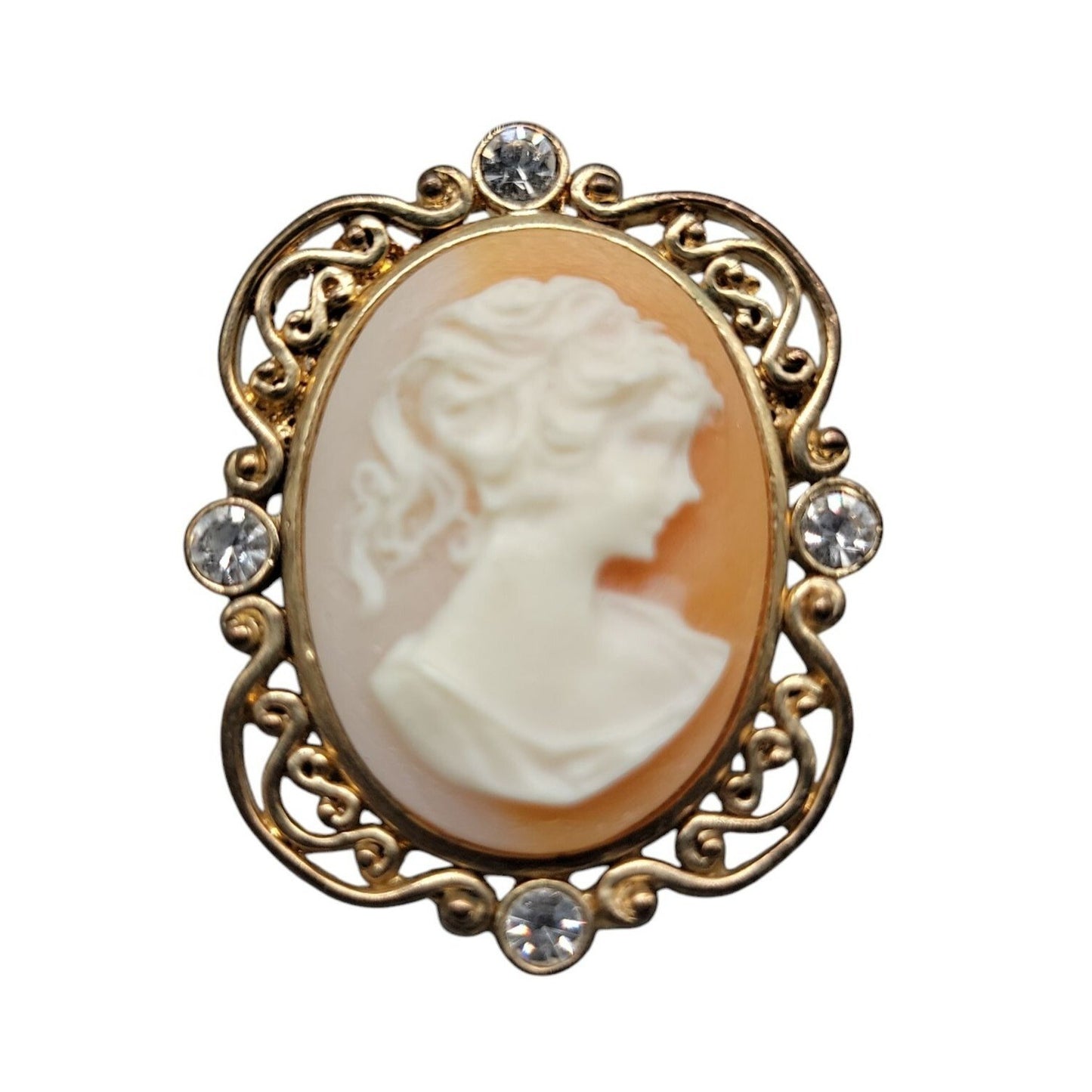 Faux Cameo Brooch Pendant Vintage Gold Tone Frame Ponytail Rhinestone Accents