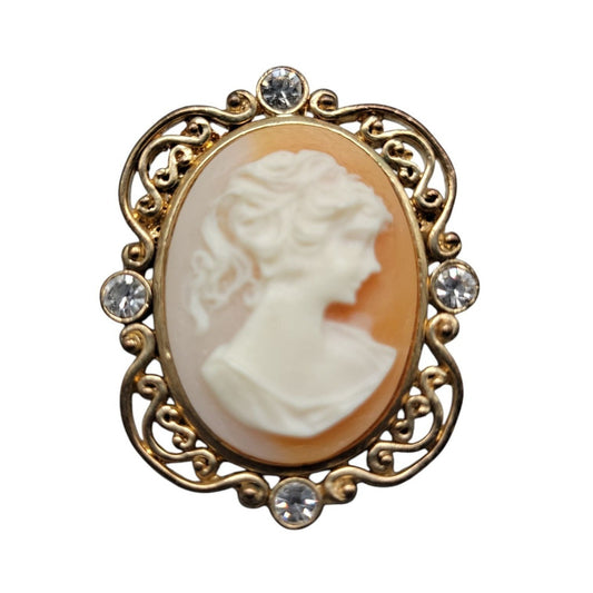Faux Cameo Brooch Pendant Vintage Gold Tone Frame Ponytail Rhinestone Accents