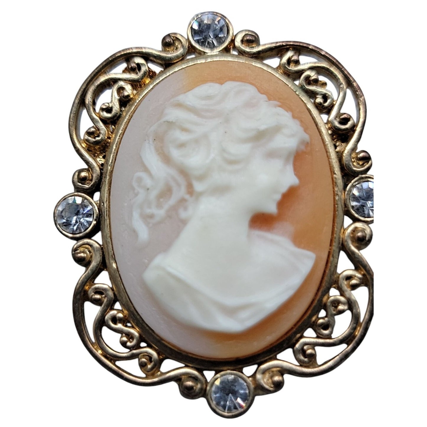 Faux Cameo Brooch Pendant Vintage Gold Tone Frame Ponytail Rhinestone Accents