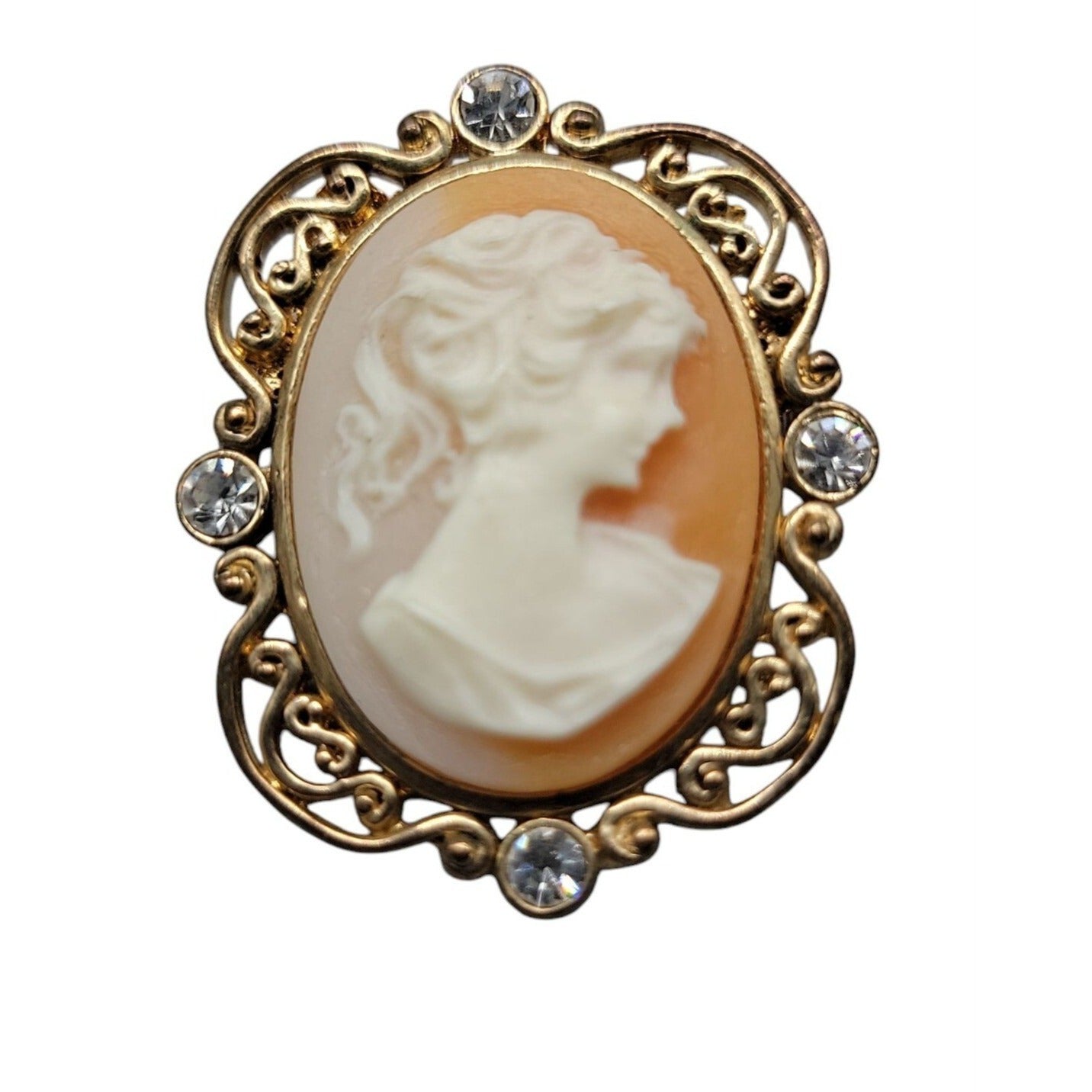 Faux Cameo Brooch Pendant Vintage Gold Tone Frame Ponytail Rhinestone Accents