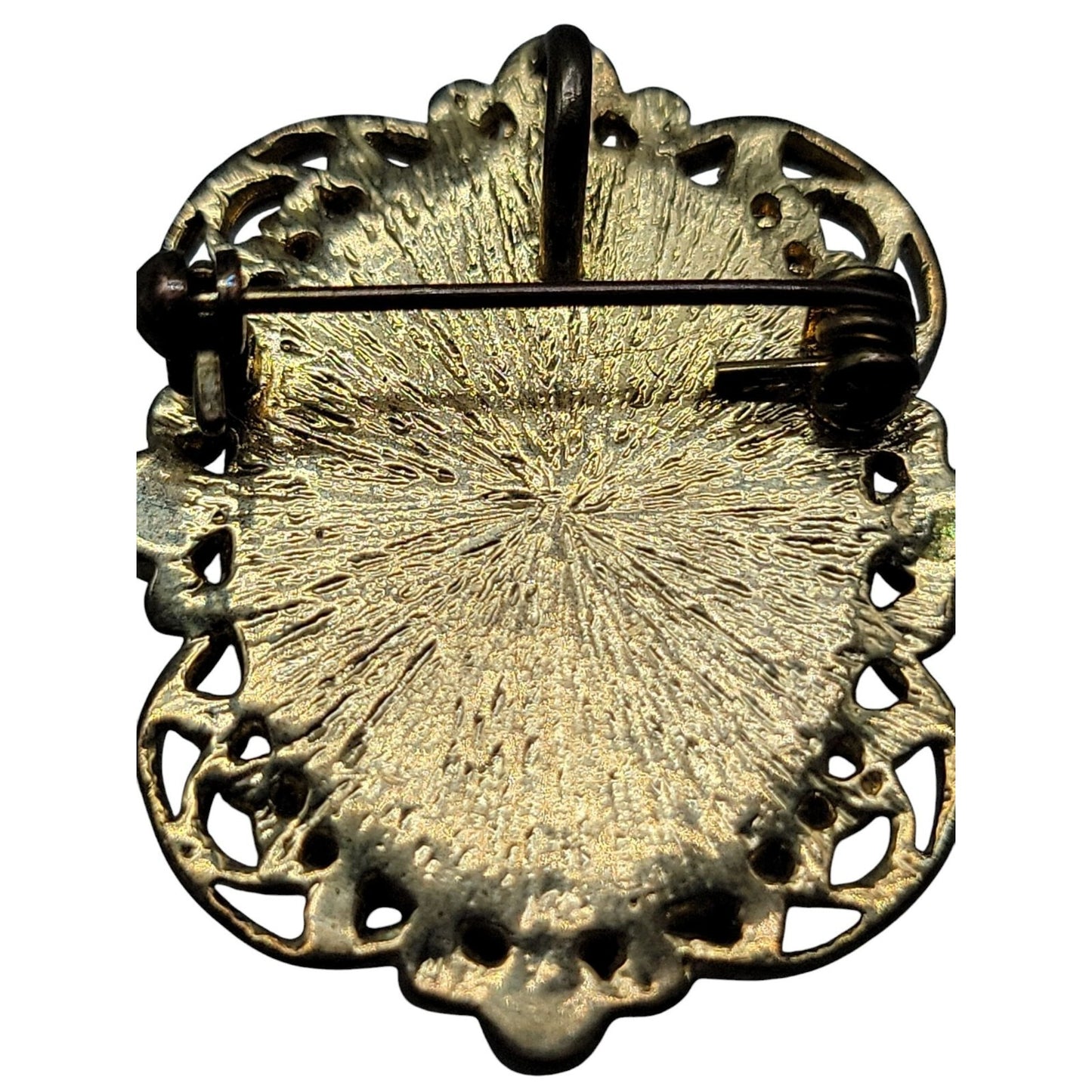 Faux Cameo Brooch Pendant Vintage Gold Tone Frame Ponytail Rhinestone Accents