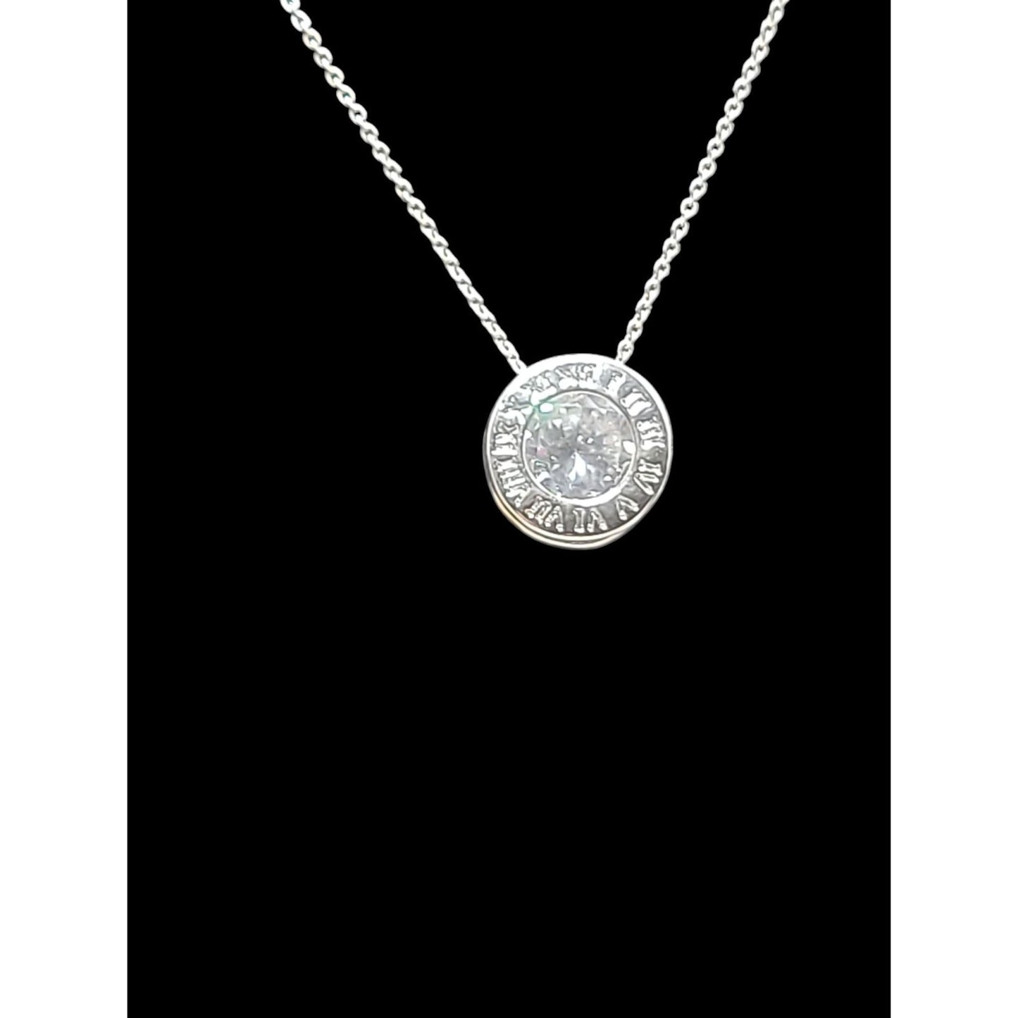 Roman Numeral Crystal Pendant Necklace White Gold Plated Sparkling Center 17"