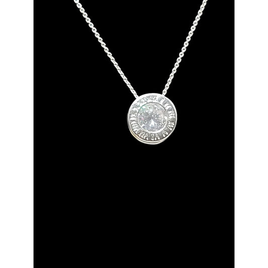Roman Numeral Crystal Pendant Necklace White Gold Plated Sparkling Center 17"