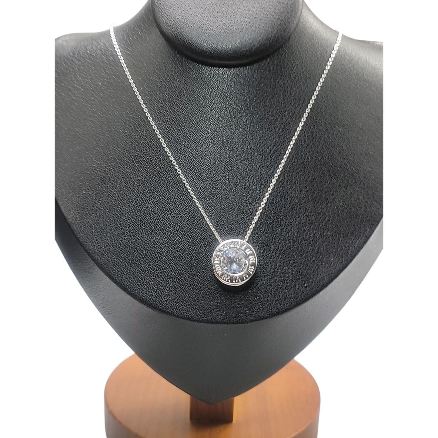 Roman Numeral Crystal Pendant Necklace White Gold Plated Sparkling Center 17"