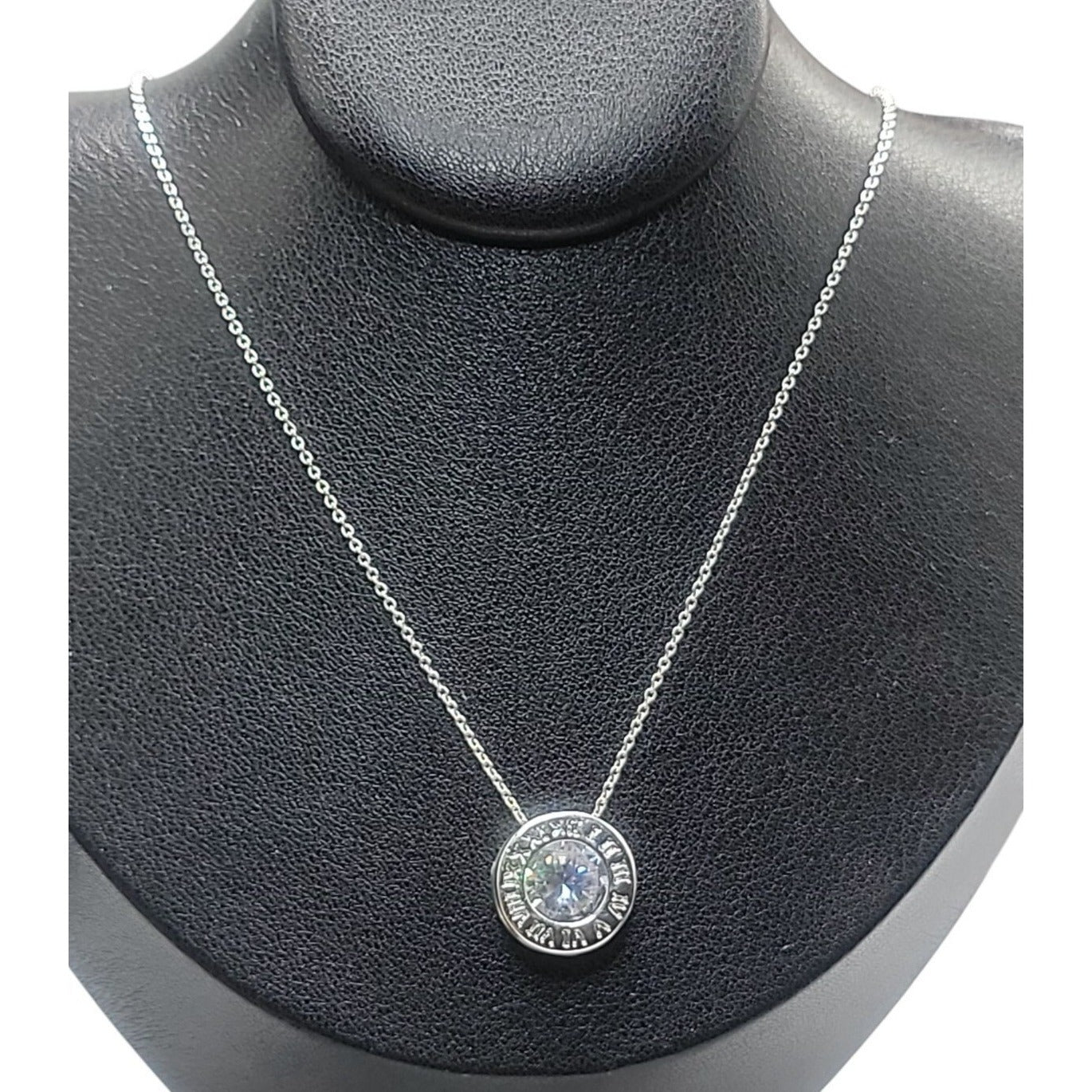 Roman Numeral Crystal Pendant Necklace White Gold Plated Sparkling Center 17"