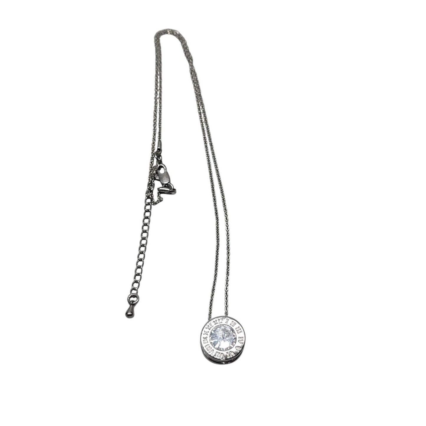 Roman Numeral Crystal Pendant Necklace White Gold Plated Sparkling Center 17"