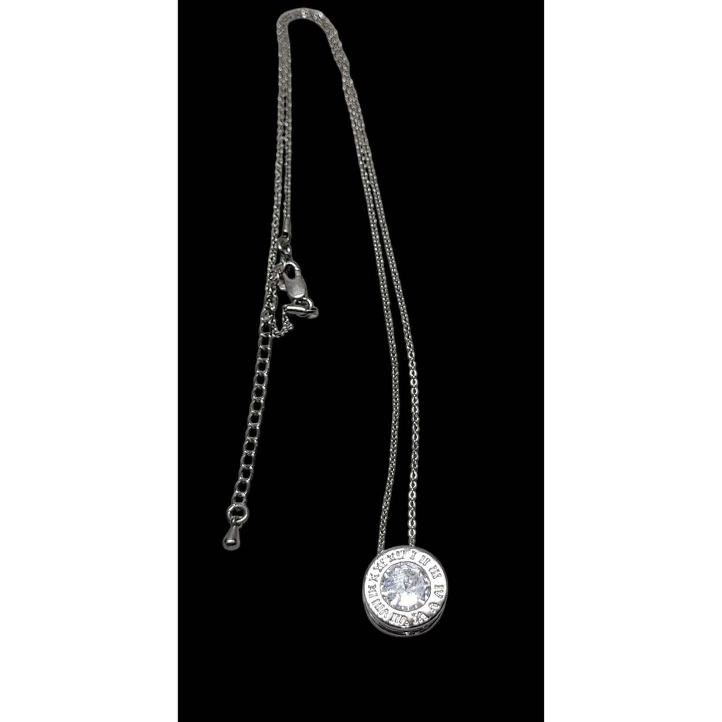 Roman Numeral Crystal Pendant Necklace White Gold Plated Sparkling Center 17"