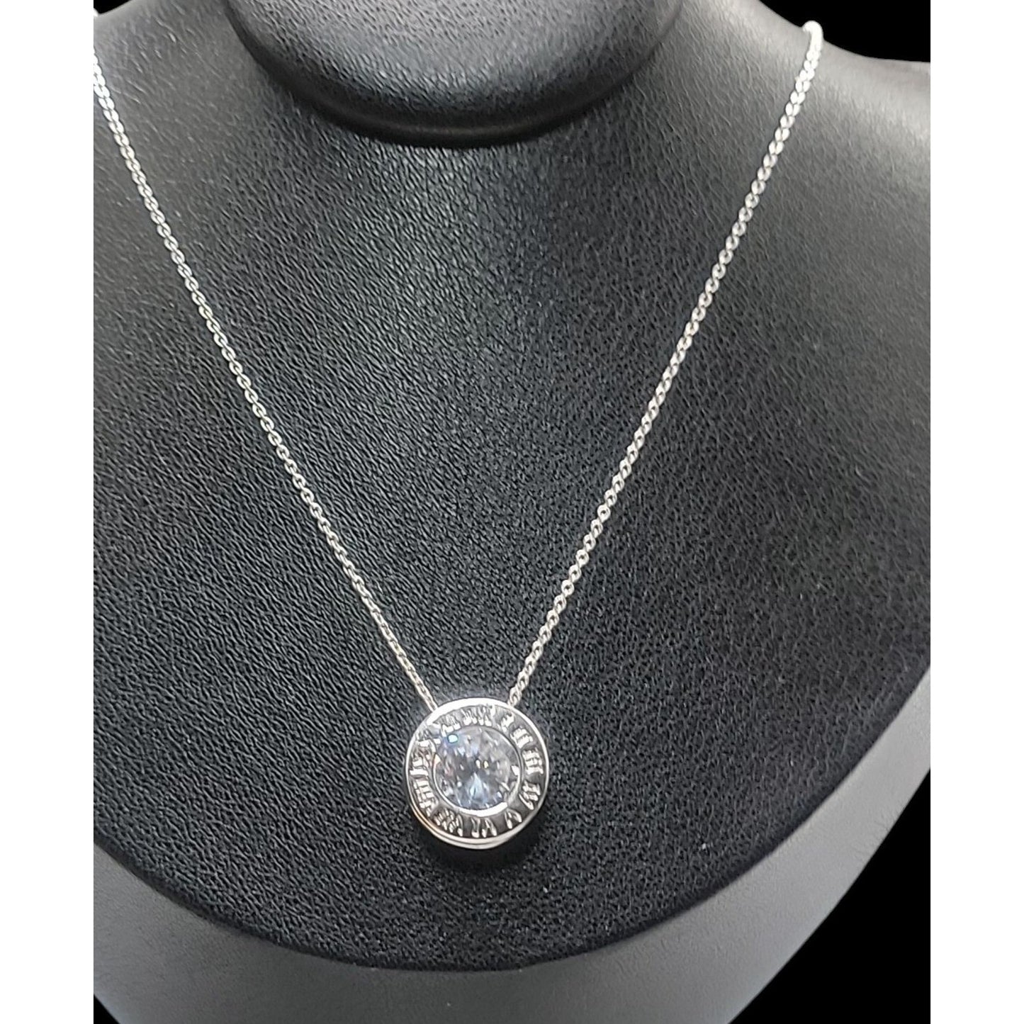 Roman Numeral Crystal Pendant Necklace White Gold Plated Sparkling Center 17"