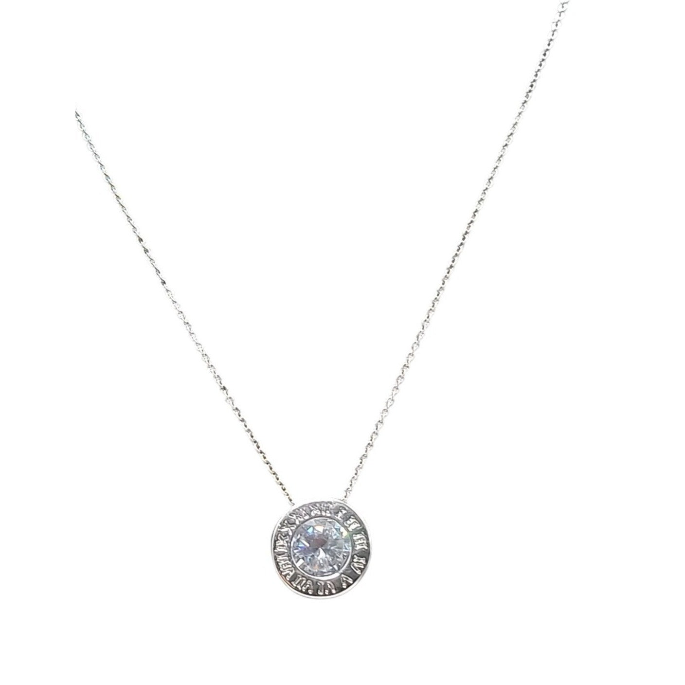 Roman Numeral Crystal Pendant Necklace White Gold Plated Sparkling Center 17"
