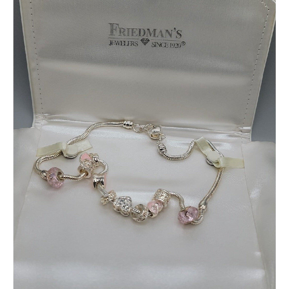 Friedmans Jewelers Breast Cancer Slide Necklace Silver Tone Charm Bead 18" Chain