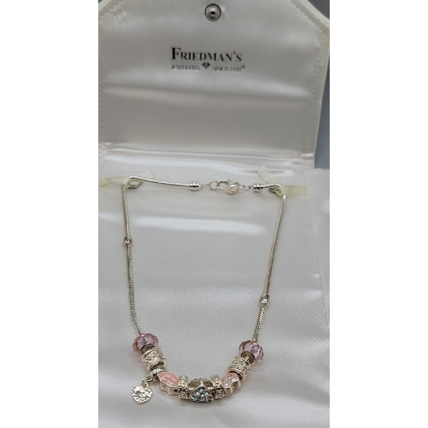 Friedmans Jewelers Breast Cancer Slide Necklace Silver Tone Charm Bead 18" Chain